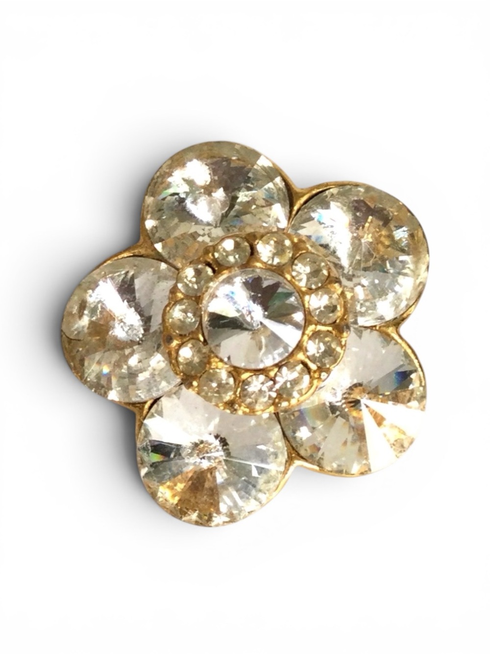 Vintage 1950s Clear Rivoli Floral Brooch - Gold‑Tone - Rare Find